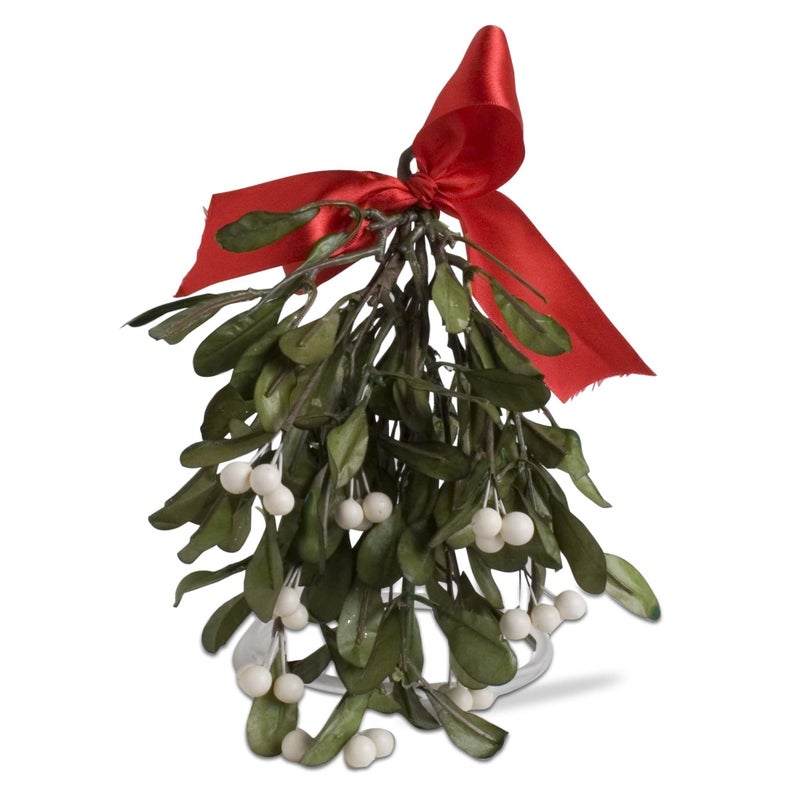 tag 9.5" Christmas Artificial Hanging Mistletoe w/White Berries & Red Bow Xmas Festive Winter Holidays Home Entryway Living Room Decor Decoration Dark Green - Image 1
